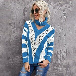 NWT SHEILAY Women's V Neck Sweater Long Sleeve Striped Color Block Knitted Pullo